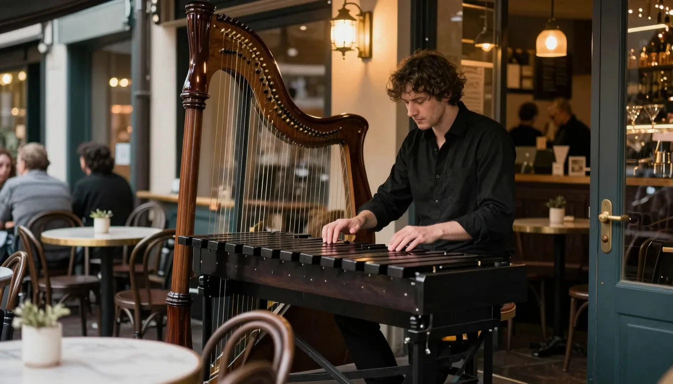 A cozy cafe setting, a musician playing a vibraphone on a sm...