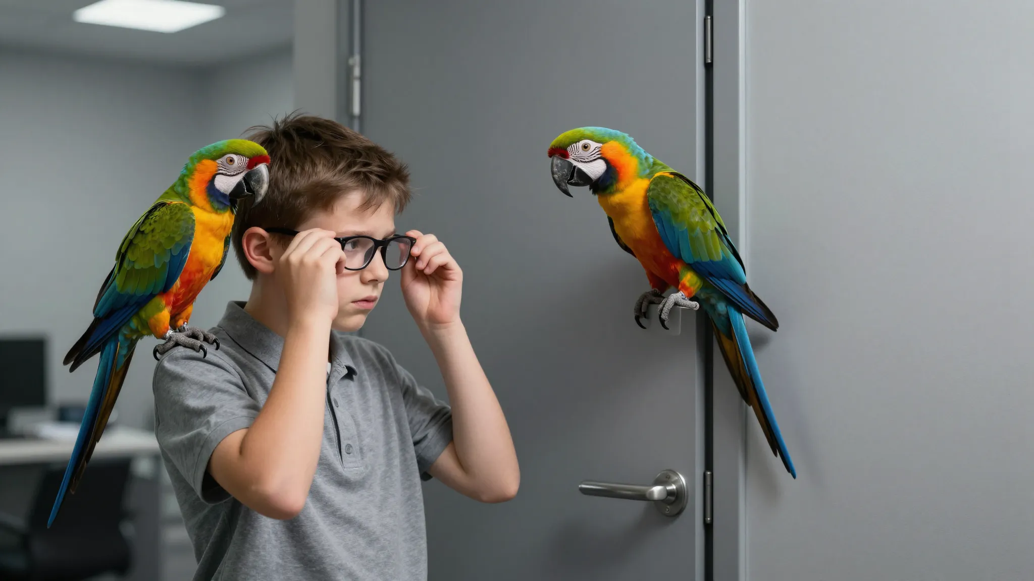 A detailed scene in a gray infinite office space. A boy with...