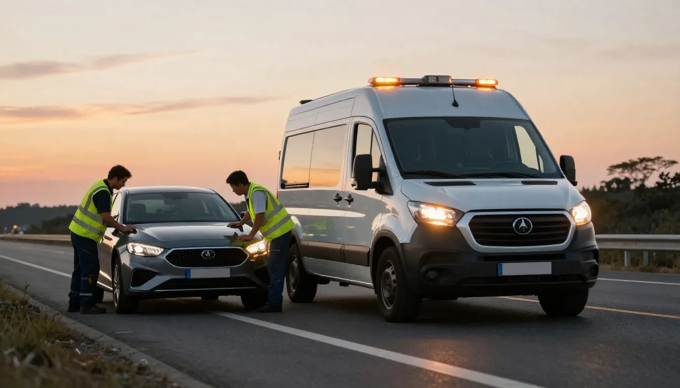 Cinematic wide shot of a professional roadside assistance va...