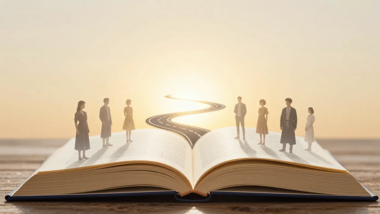 A conceptual illustration of a large open book where the pag...