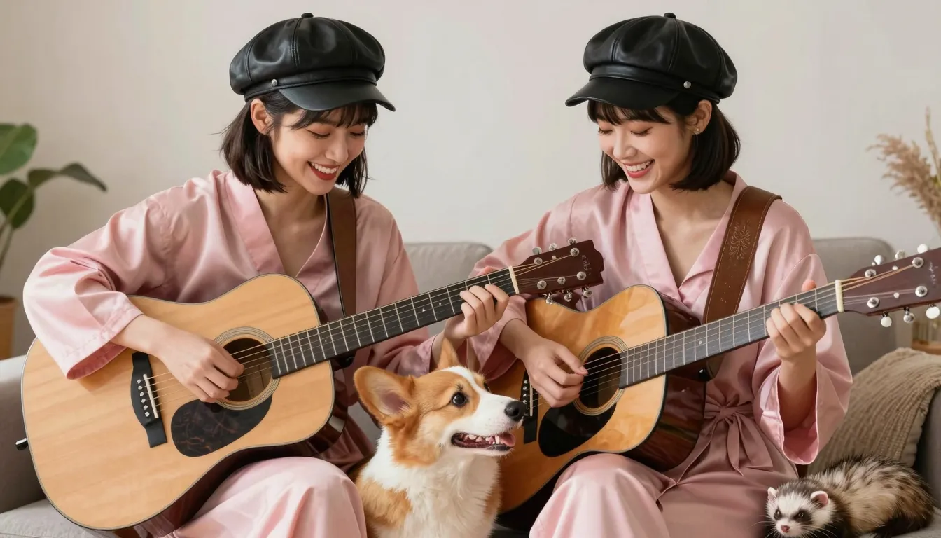 Two happy Asian sisters with stylish bob haircuts, wearing b...