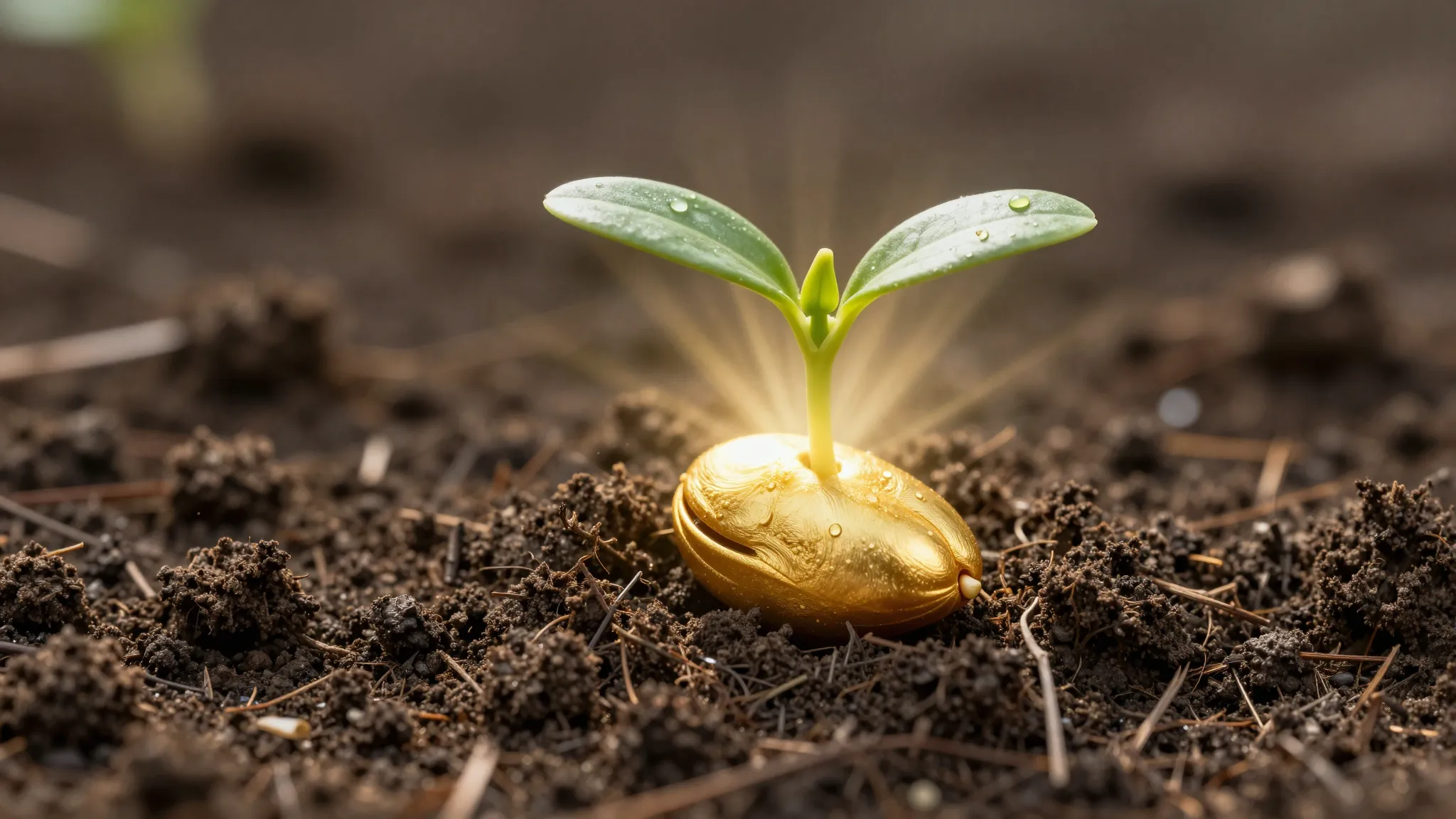 A glowing golden seed planted in rich earth, with a small gr...
