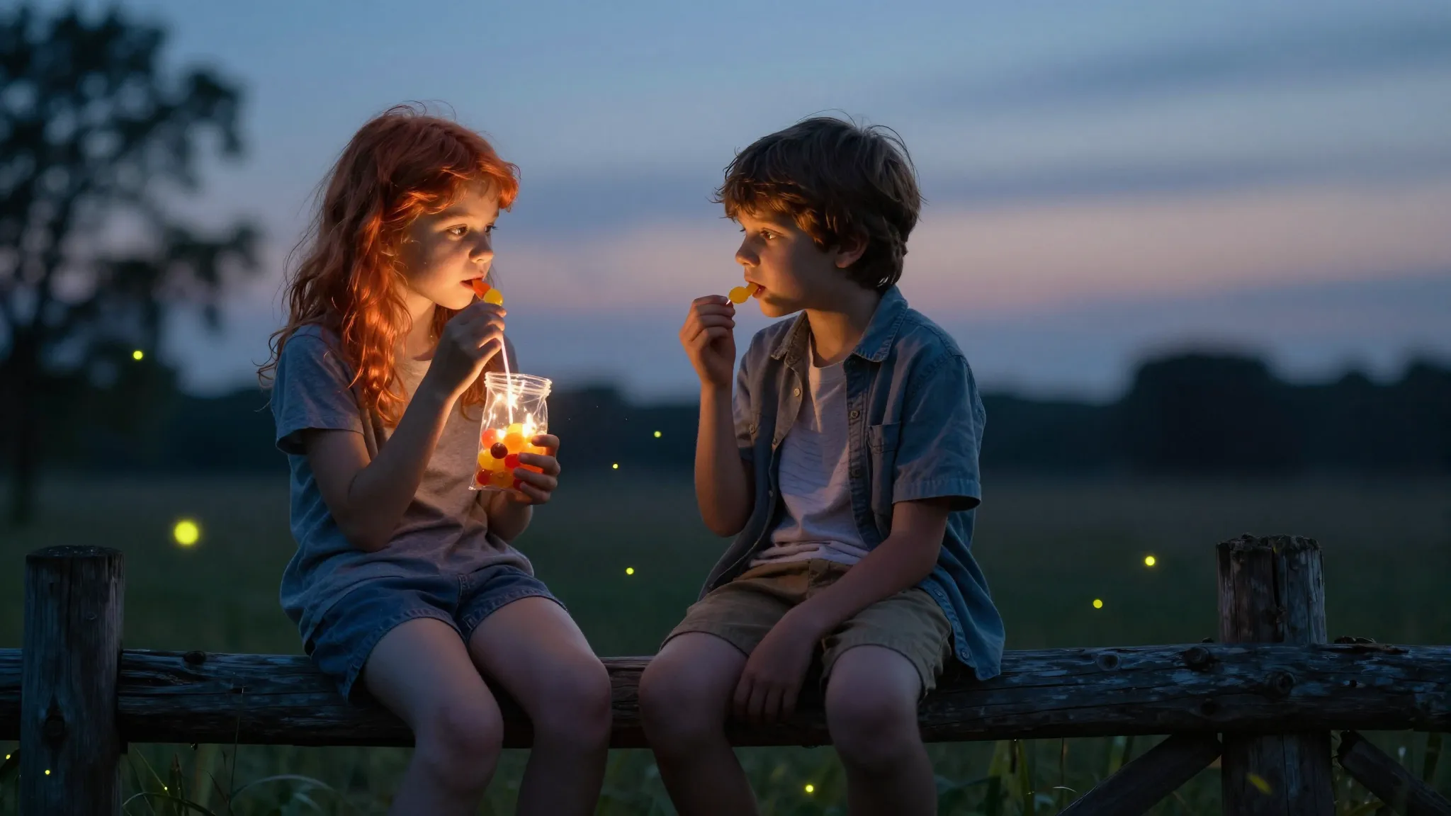 A young girl with copper hair and a boy sitting on a wooden ...