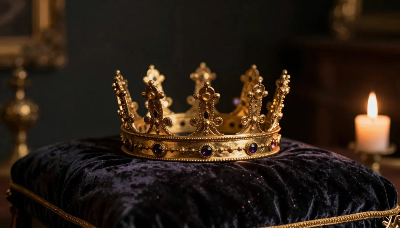 A majestic crown lying on a velvet cushion in a dark room, o...