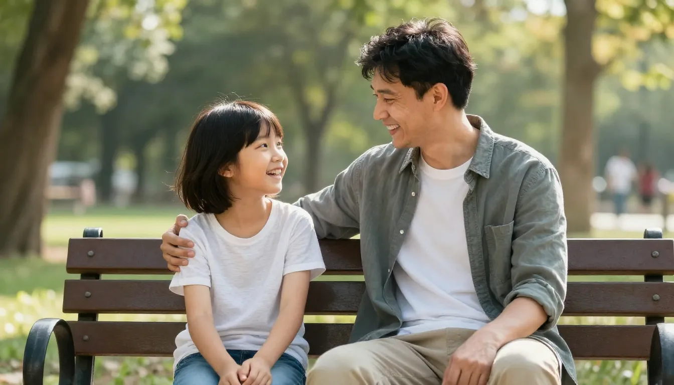 A heartwarming scene of a father and adult child sitting on ...