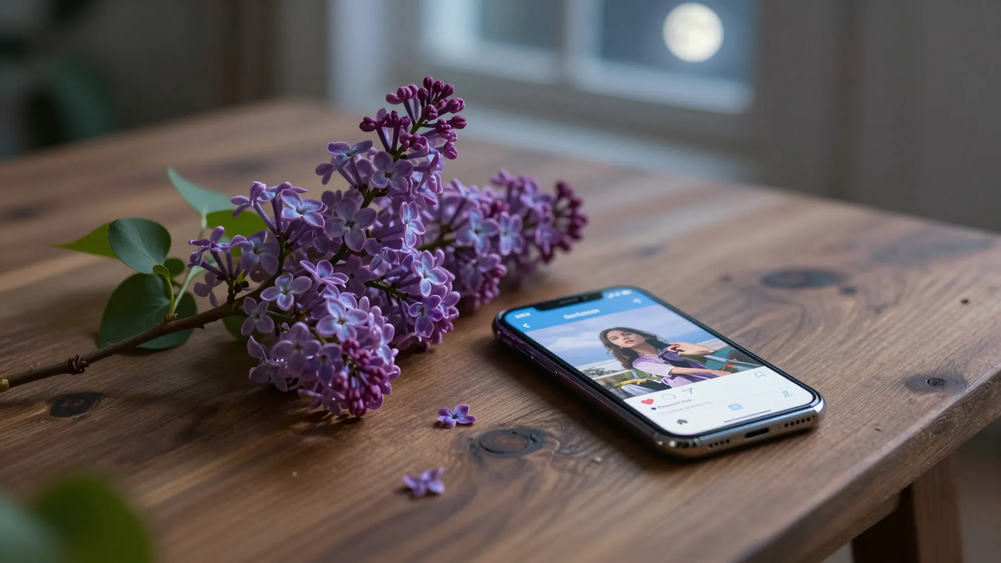 A beautiful lilac branch lying on a wooden table next to a s...