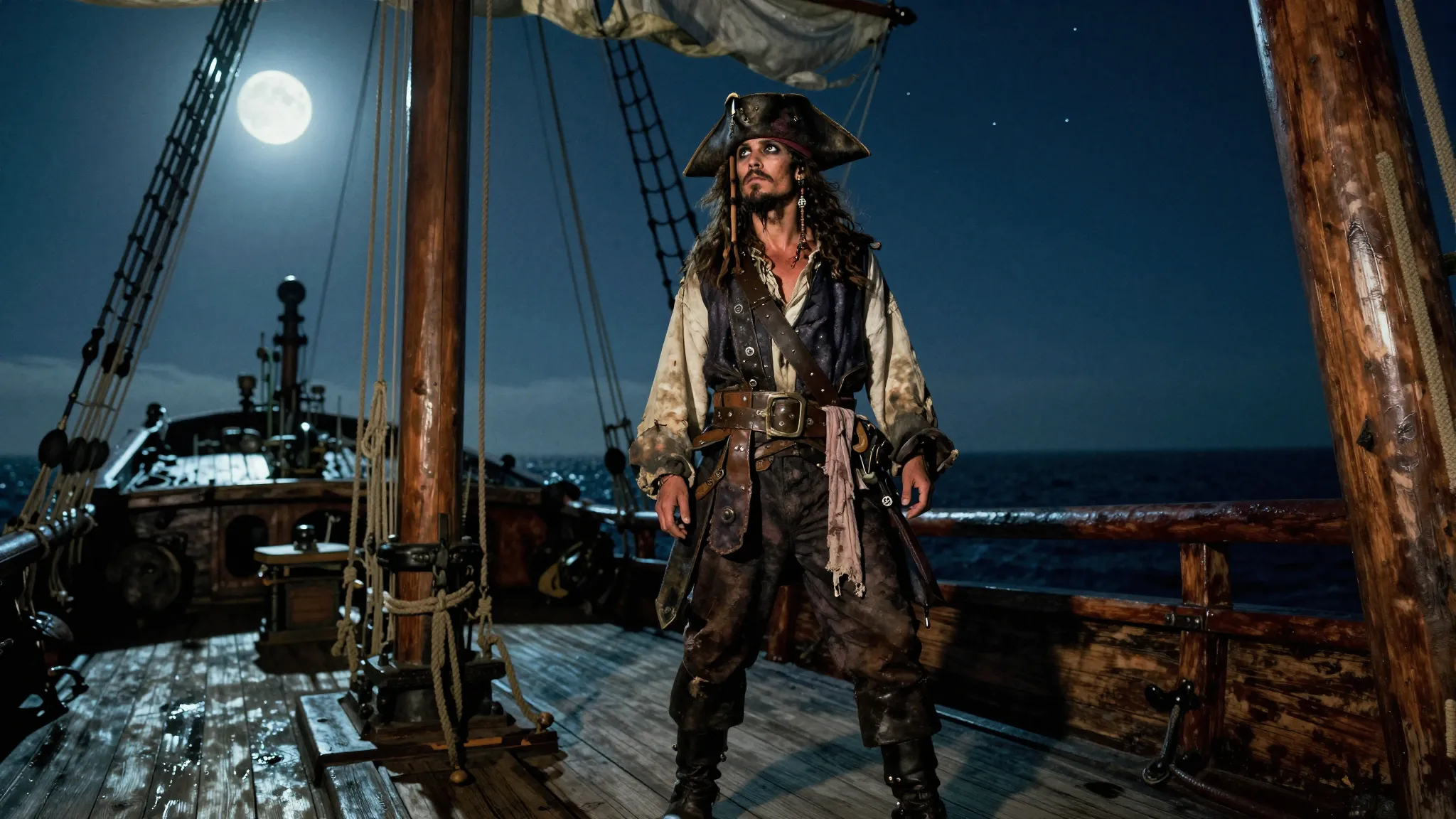 A rugged, weathered pirate standing alone on the deck of a w...