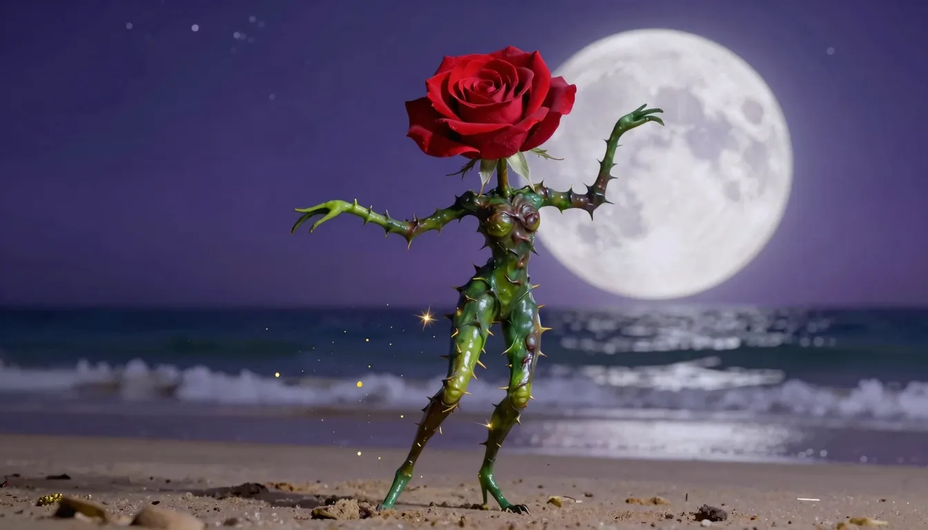 A surreal living rose creature standing on a sandy beach at ...