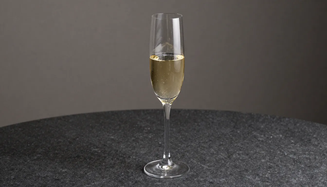 Elegant champagne glass on a dark stone table, subtle sparkl...