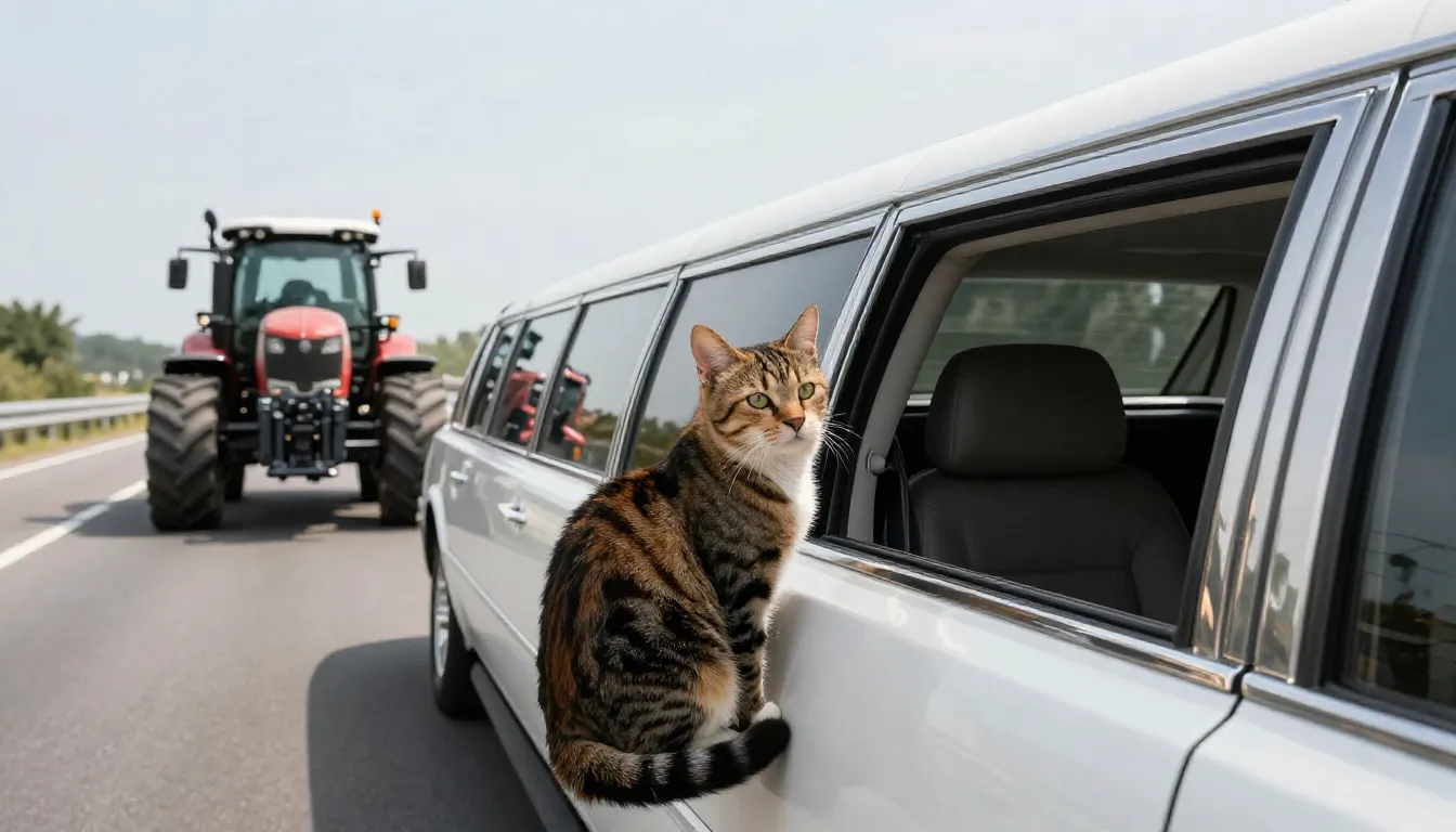 A stylish cat sitting inside a long white limousine, looking...