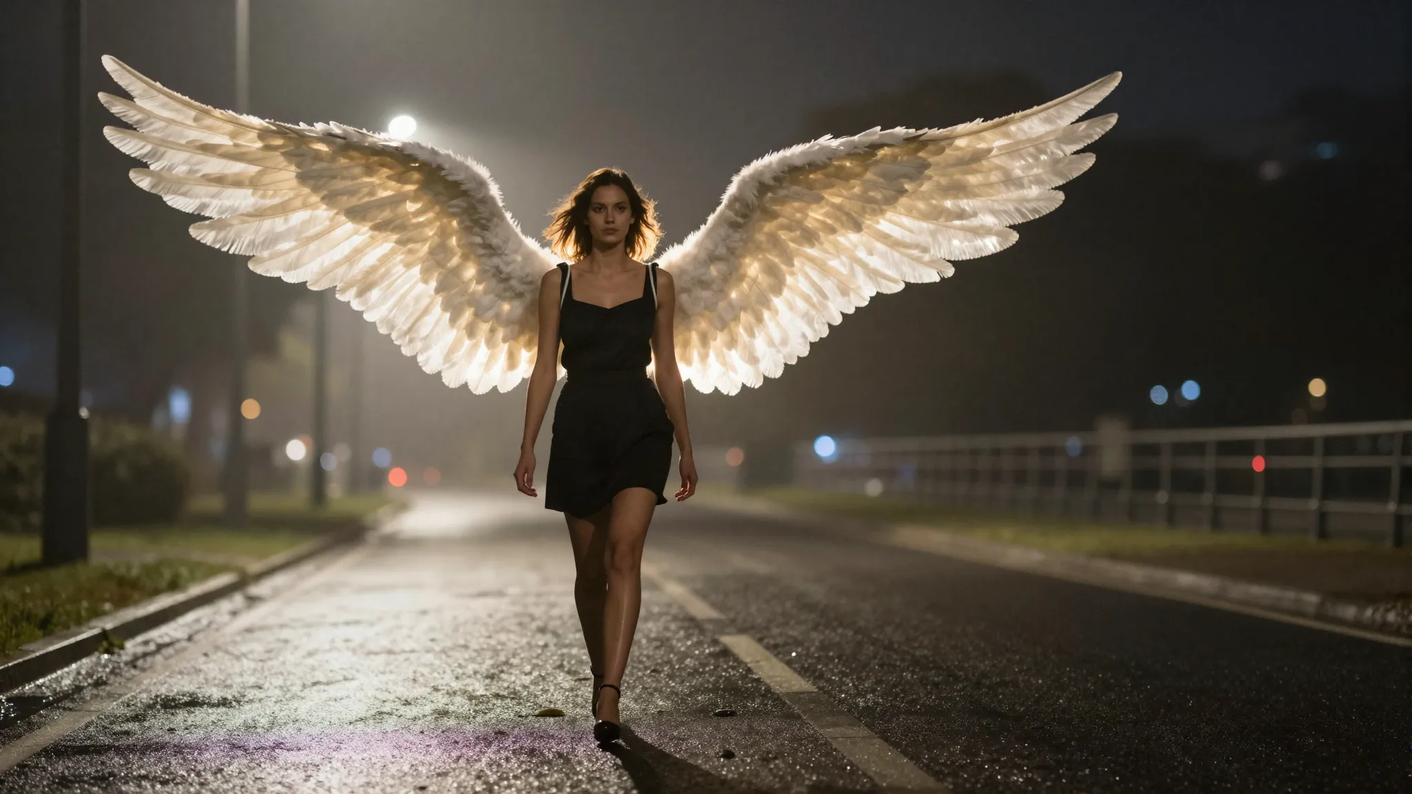 A distant view of a European woman with a graceful gait walk...