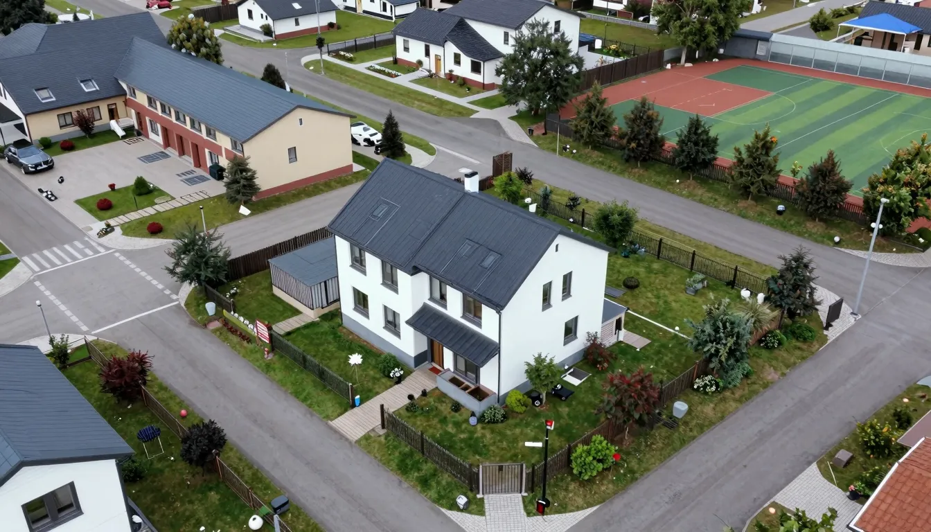 Aerial view of a cozy suburban village with a modern two-sto...