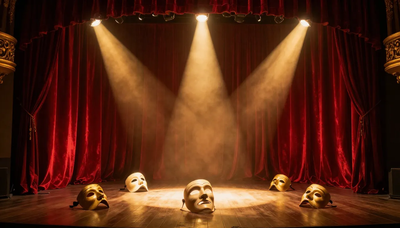 A magical theater stage with red velvet curtains, golden lig...