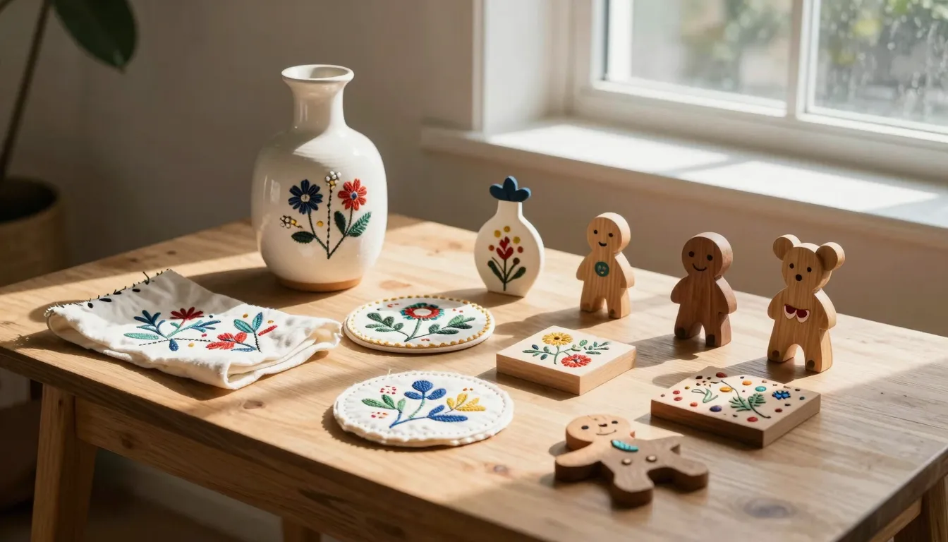 Handmade decorative crafts on a wooden table, ceramic vase, ...