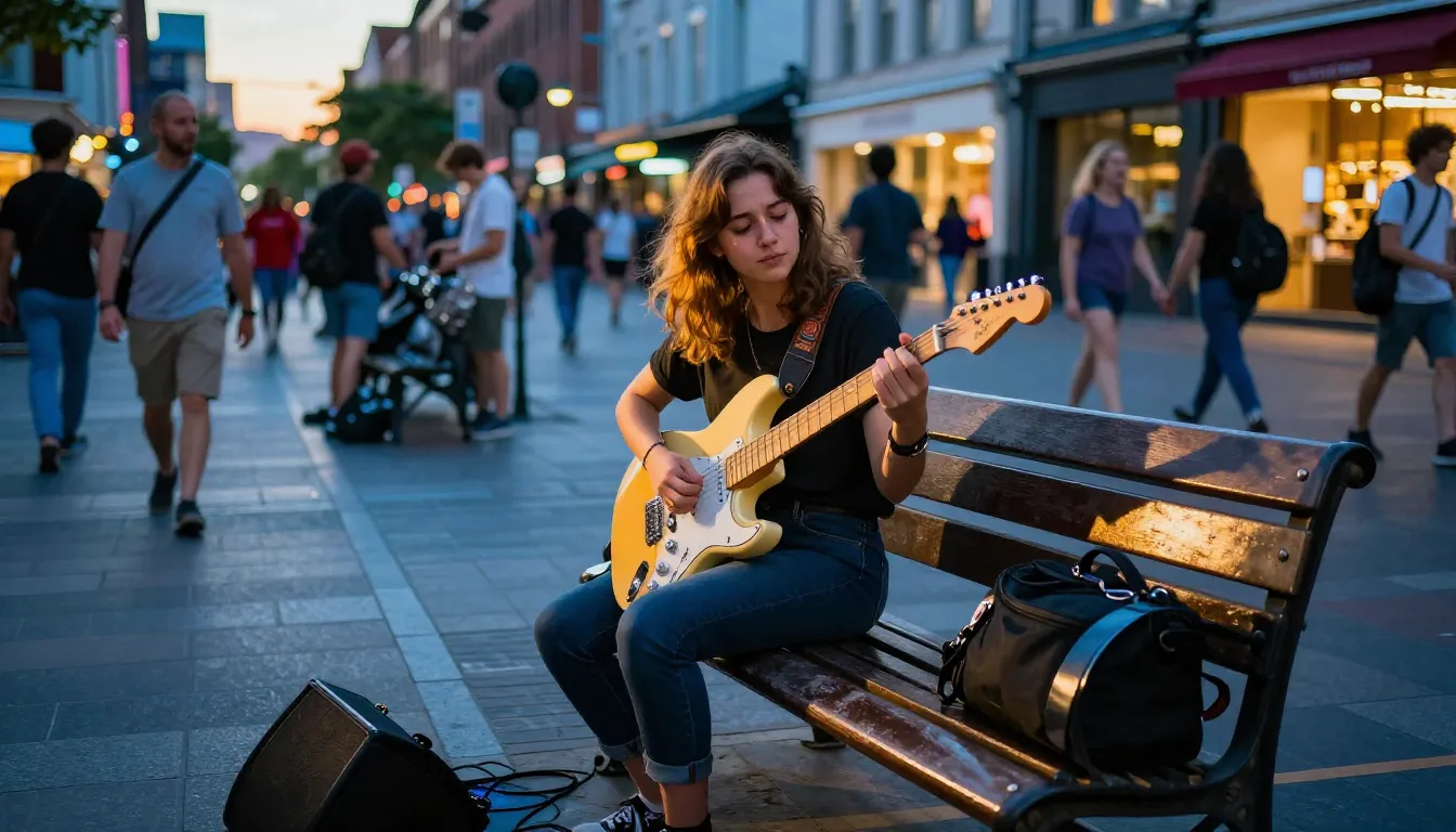 A bright and colorful street scene at dusk. A girl with a mo...
