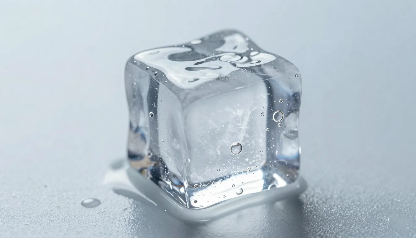 Close-up of a clear ice cube with air bubbles inside, restin...