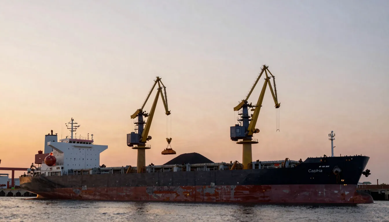 Industrial port cranes loading minerals into a large bulk ca...