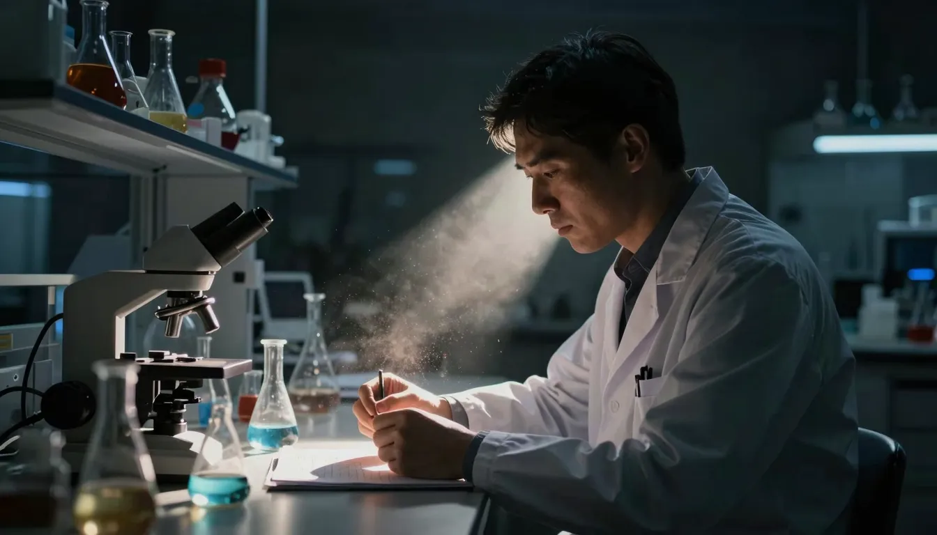 Cinematic volumetric lighting in a dark laboratory, dramatic...
