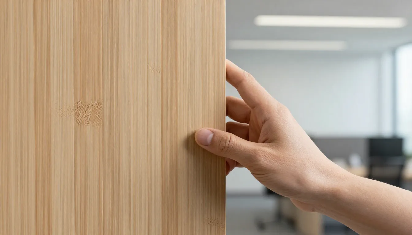 A close-up of a hand feeling a bamboo panel with a realistic...