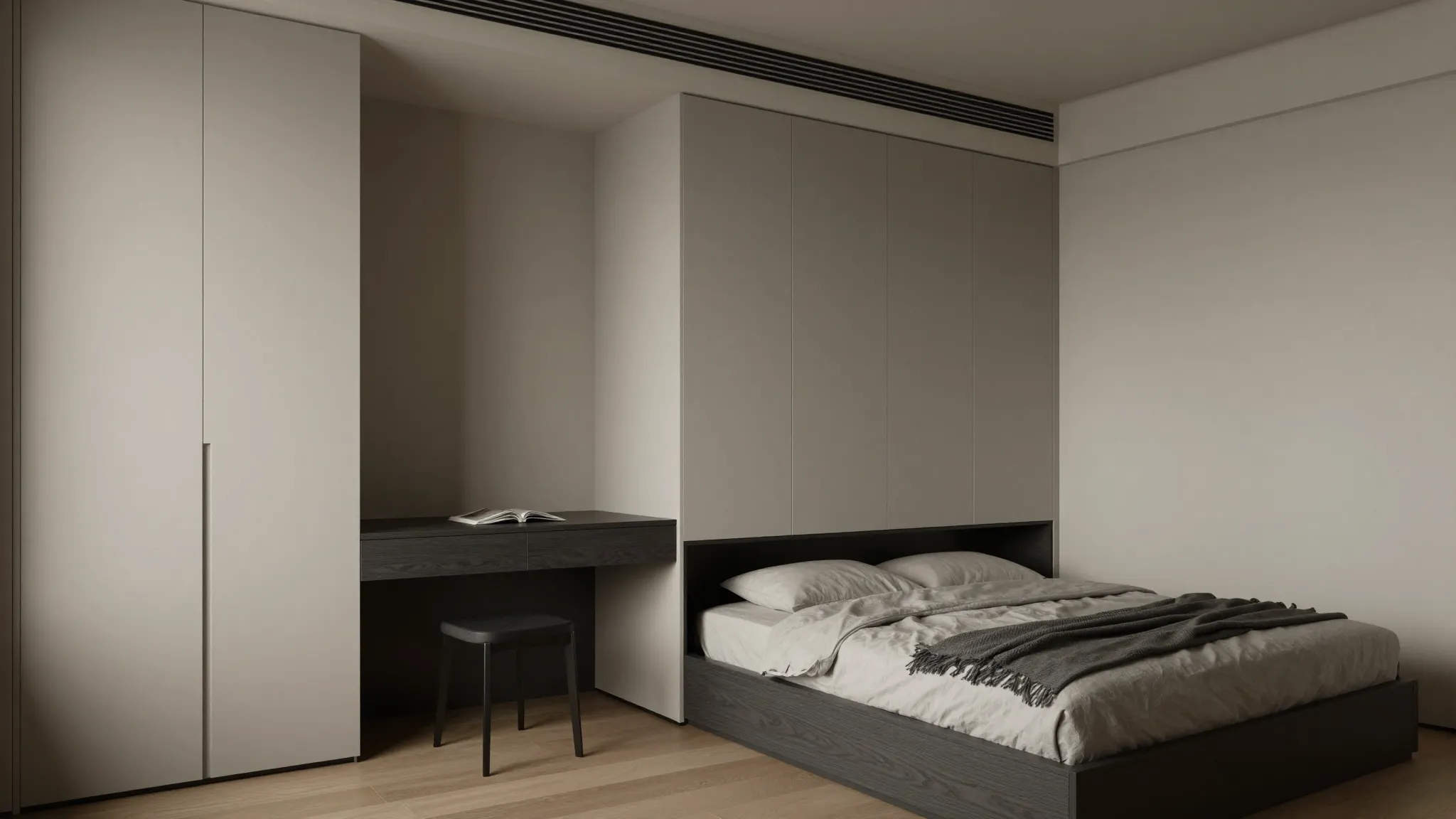 View of a functional bedroom for two adults, focusing on a 5...