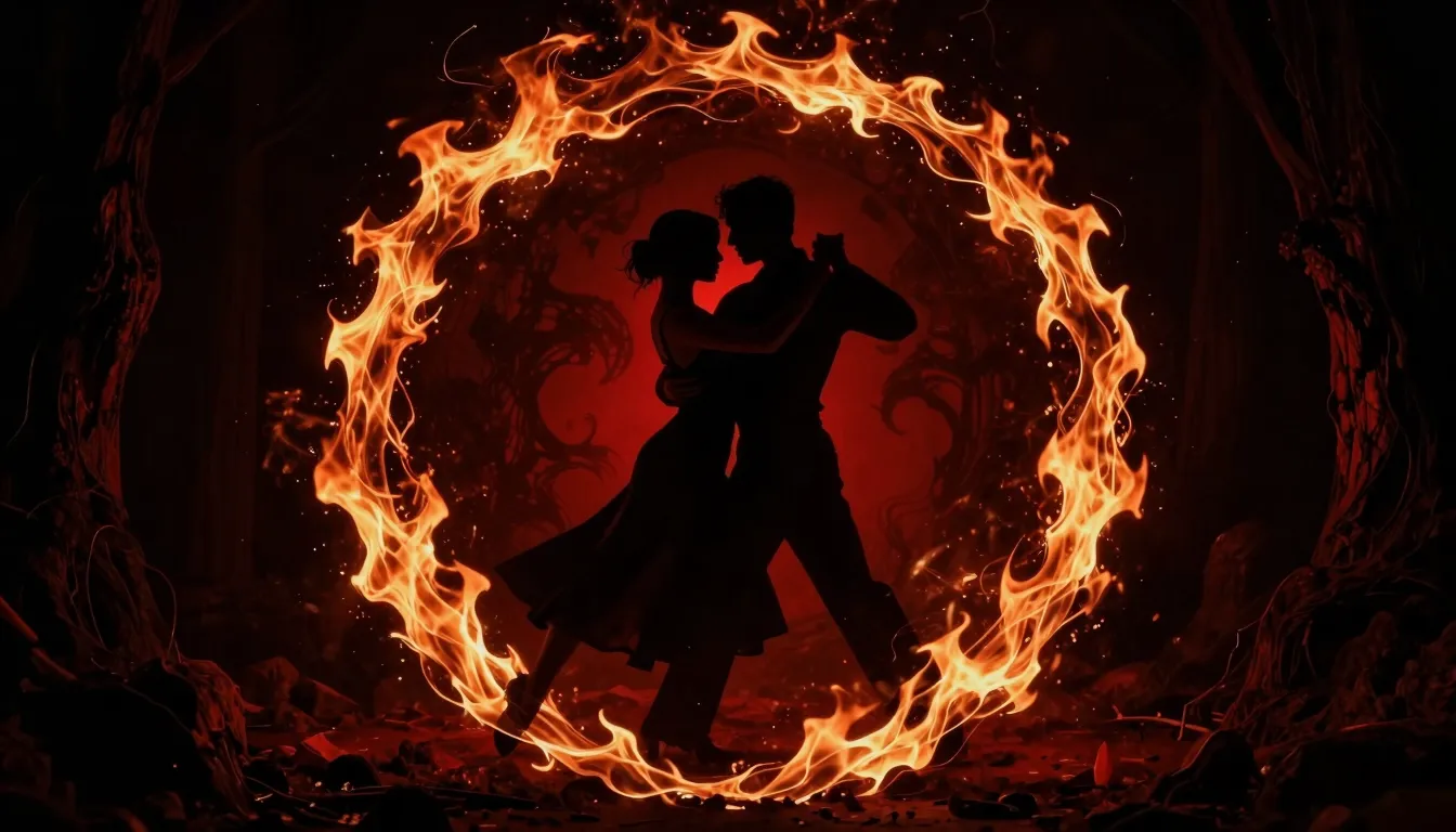 Gothic rock album cover, a silhouette of a couple dancing ta...