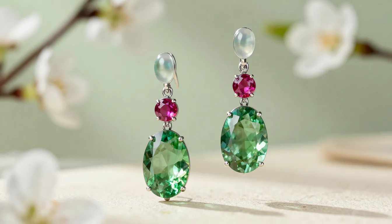 Elegant jewelry set with green zoisite and ruby, asymmetrica...