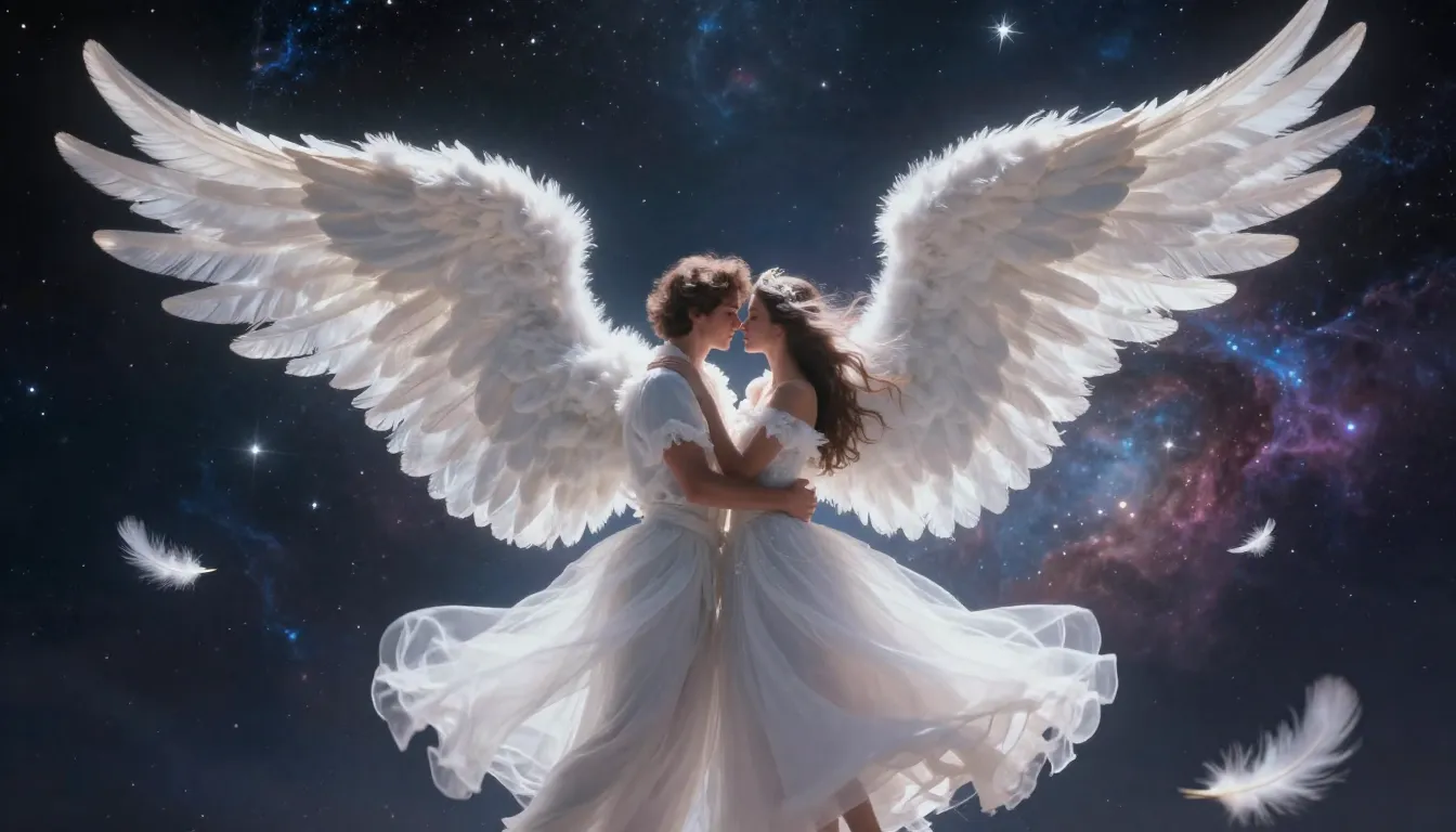 Cinematic shot of a romantic couple with massive, fluffy, wh...