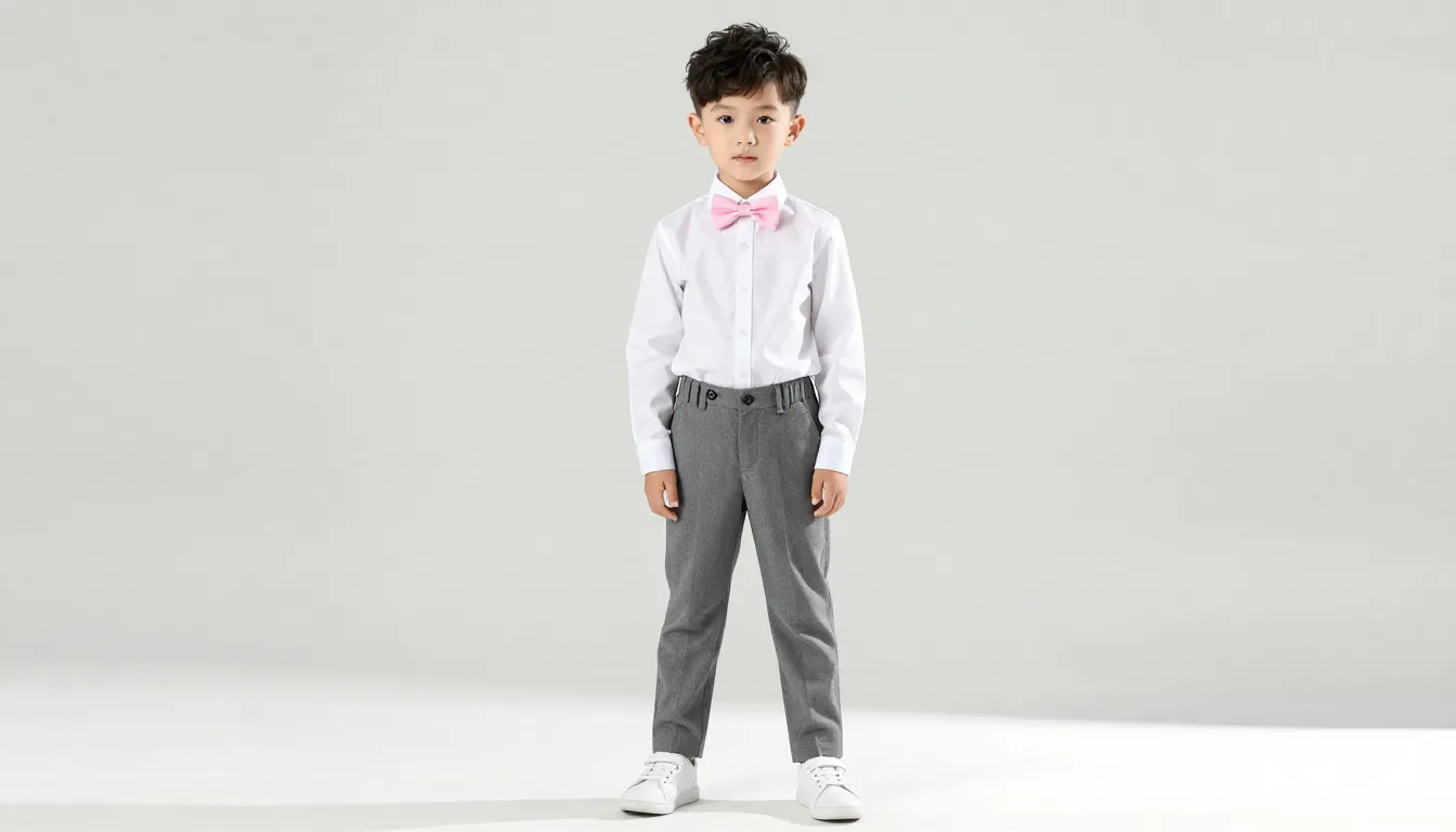 Full body shot of a stylish 7-year-old boy with a modern hai...