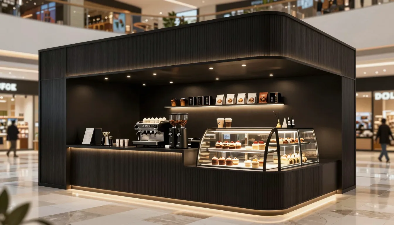 A modern coffee kiosk design for a shopping mall, 2.5x3 mete...