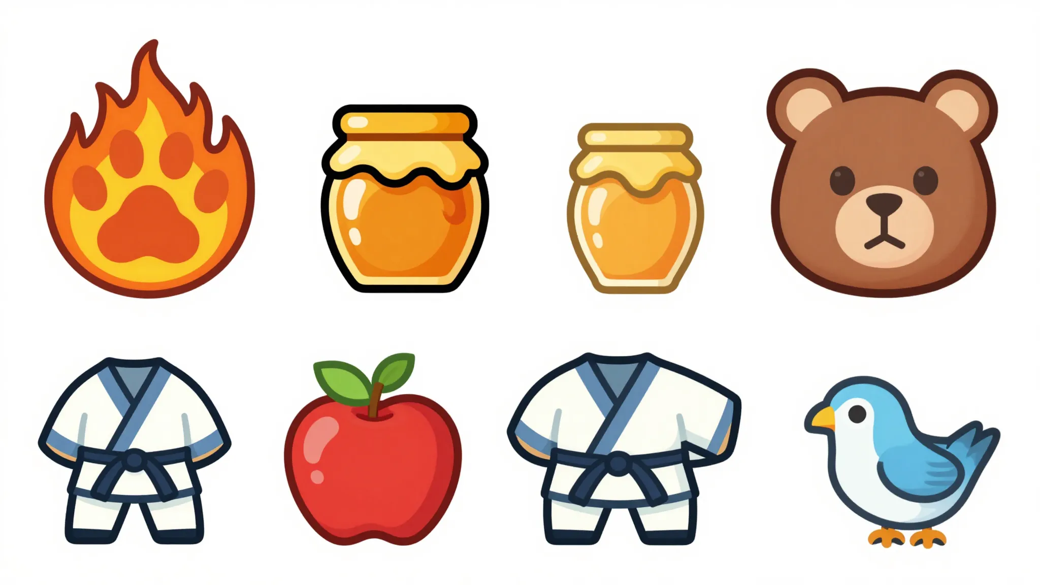 A set of 2D game icons and symbols for a bear character: a f...