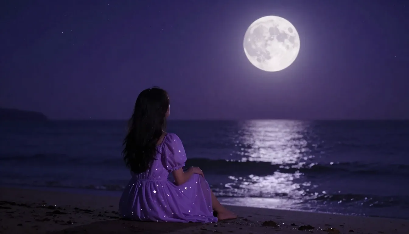 A dark night sky with purple twinkling stars, a huge white f...