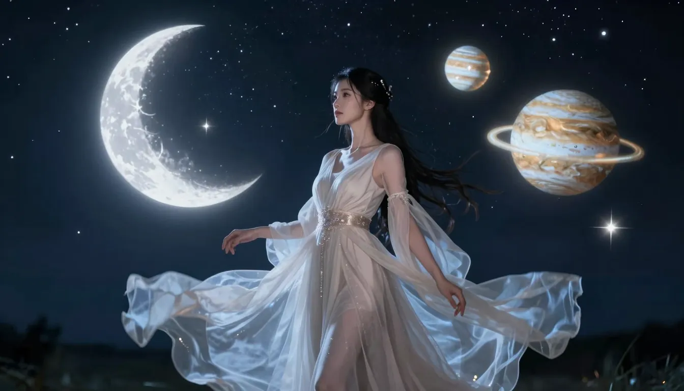 A beautiful woman in a flowing dress standing under a starry...