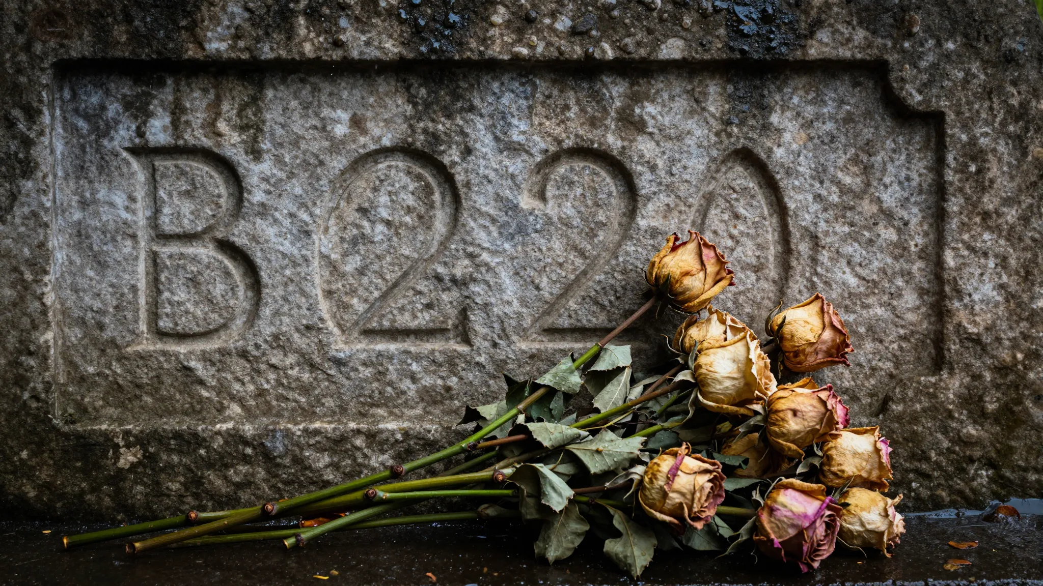 A close-up of a weathered stone surface with two dates carve...