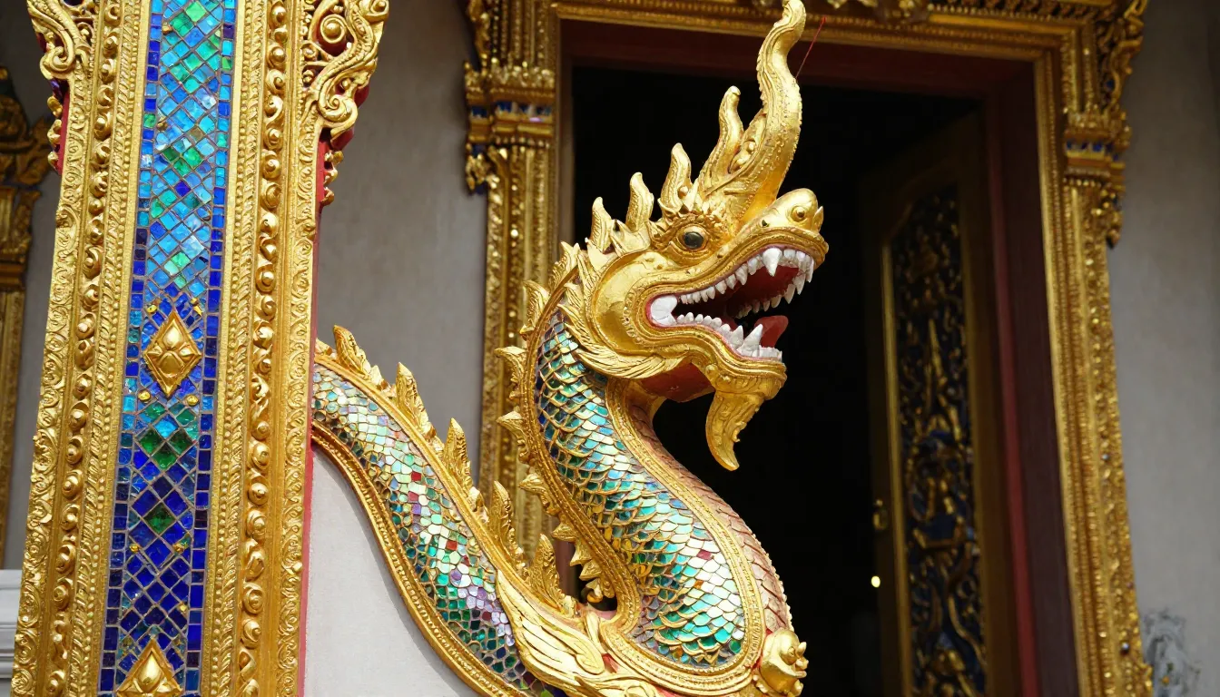 Close-up shot of intricate golden dragon sculpture guarding ...