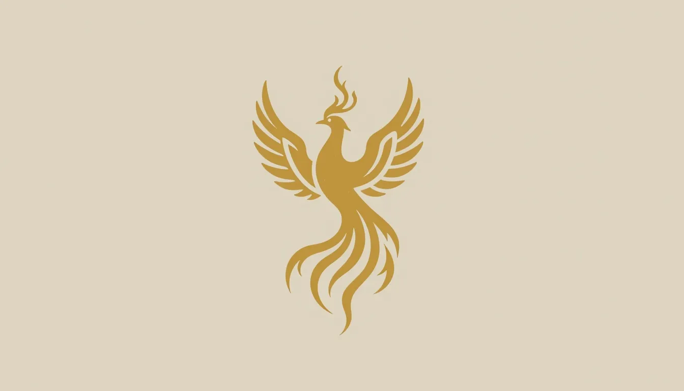 A majestic phoenix bird rising from golden flames, minimalis...