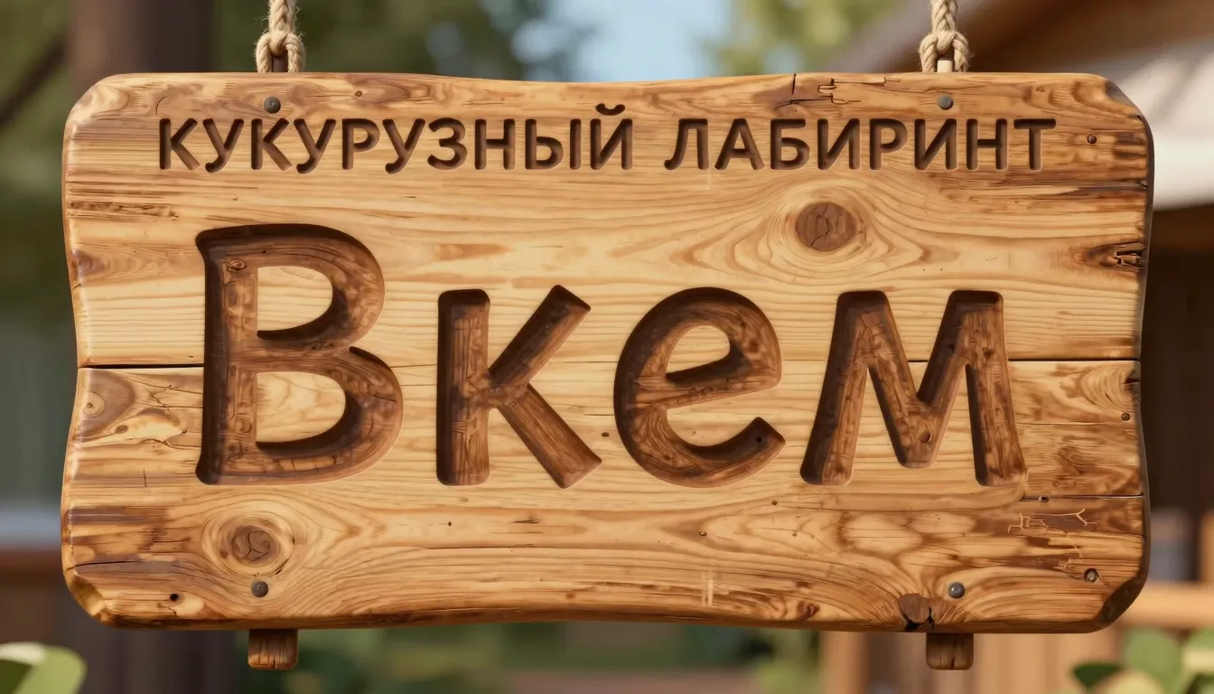 A wooden sign with the text "Вход" in bold, rustic font, sim...