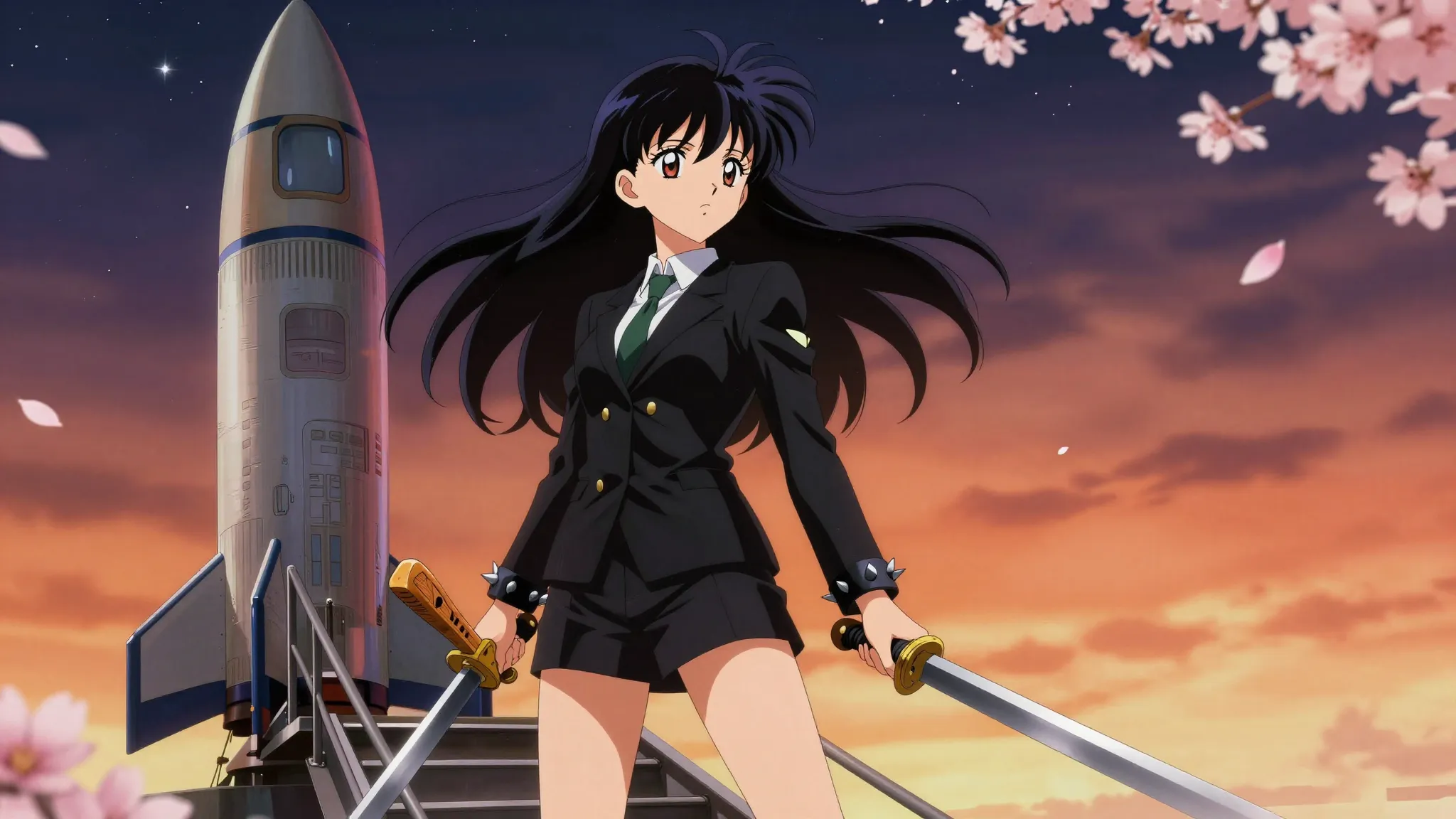 Anime style, Sakura-chan with long jet-black hair wearing a ...