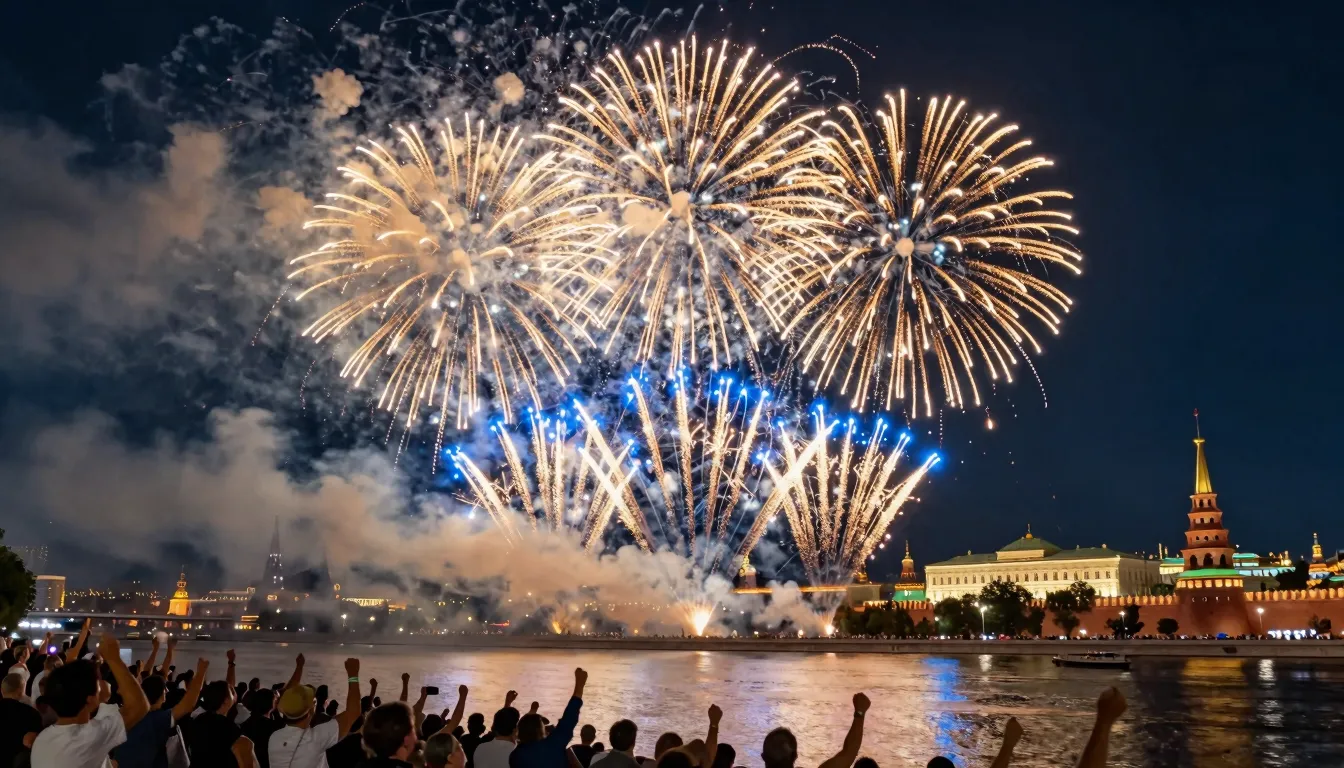 A spectacular fireworks display over a historic Russian city...