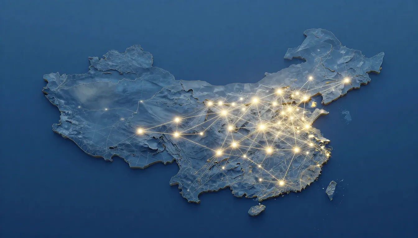 A stylized map of a vast territory with glowing connections ...