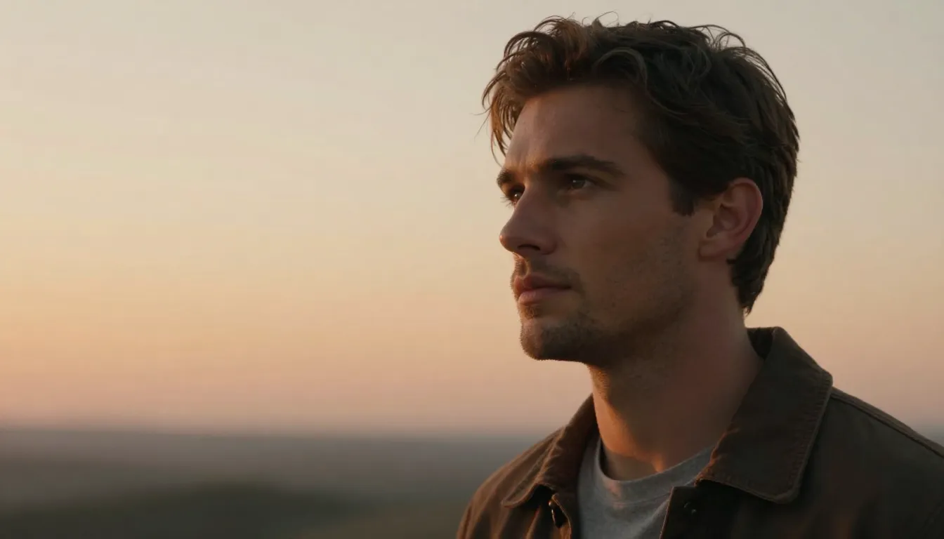 A handsome man looking thoughtfully into the distance, warm ...