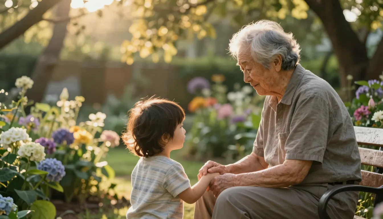 A peaceful elderly person sitting in a blooming garden, hold...