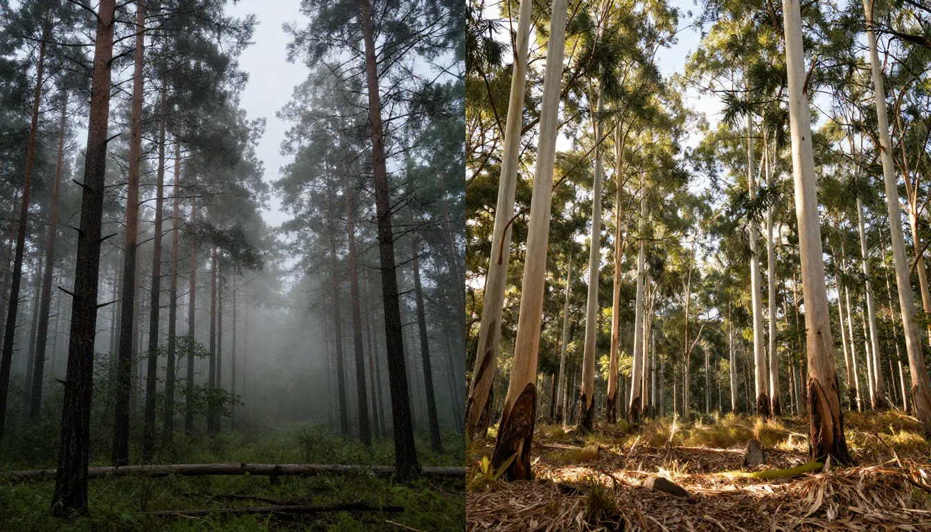 Comparison of a misty Norwegian pine forest and a sun-drench...
