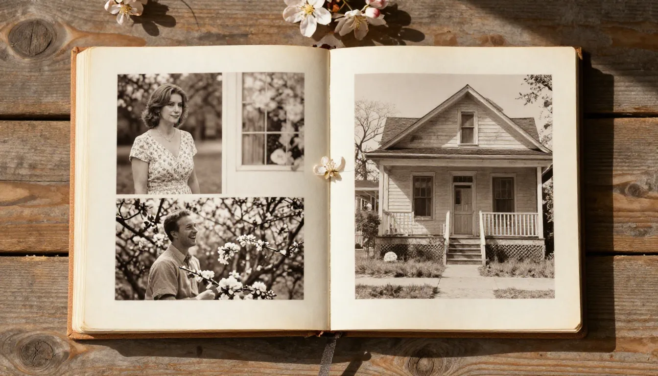 A top-down view of an open vintage photo album on a rustic w...