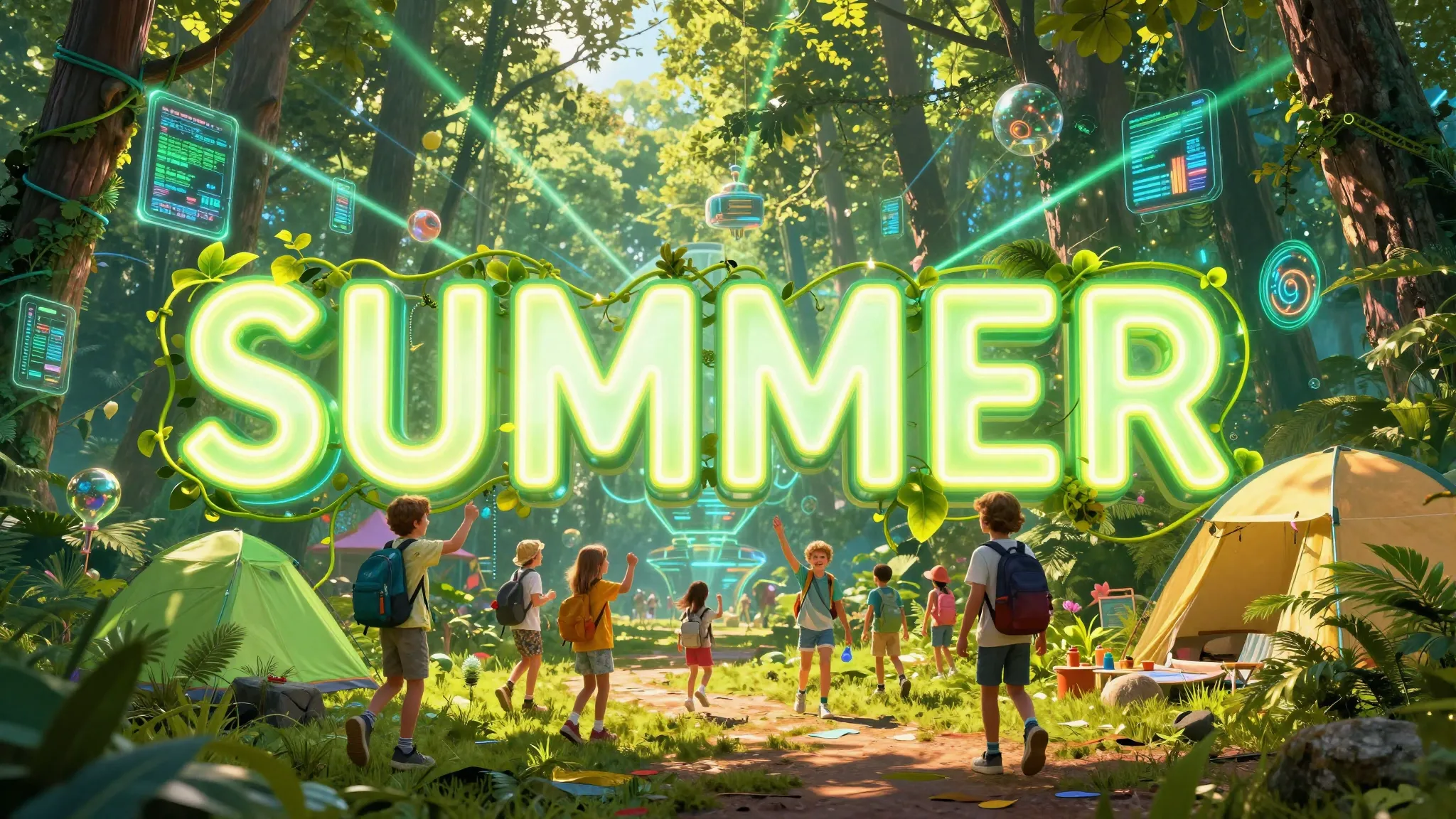Vibrant festival poster in cyber-nature style. Central large...