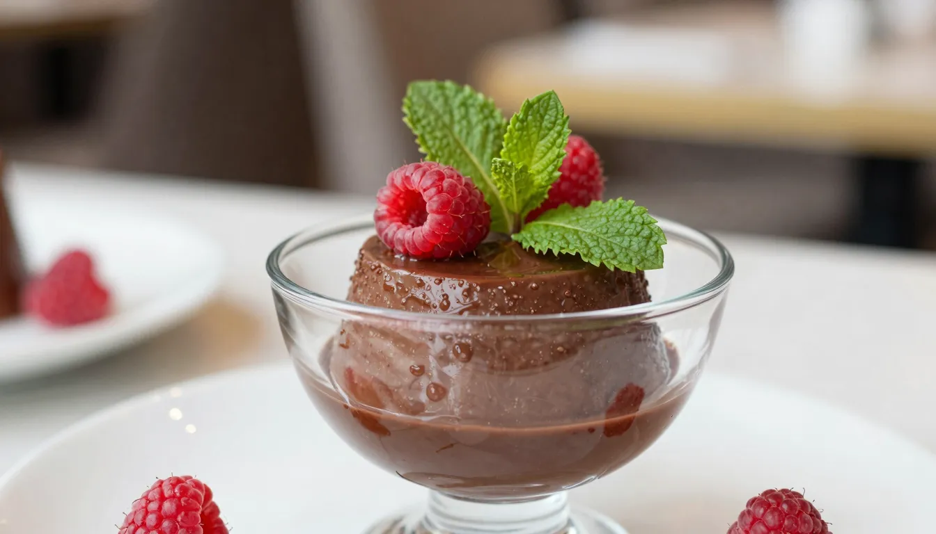 Professional food photography of a rich chocolate pudding in...