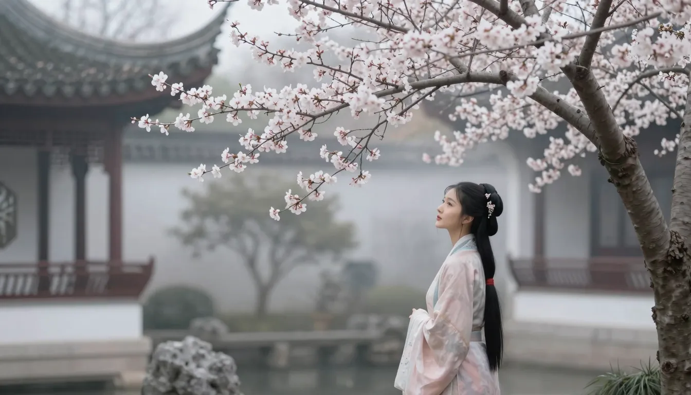 A serene ancient Chinese garden in spring, a young woman in ...