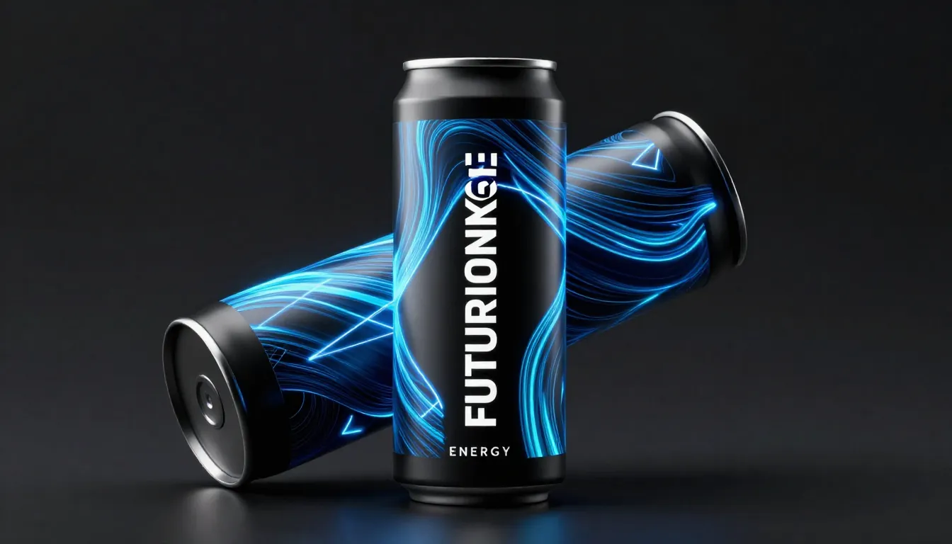 Product design for a futuristic energy drink in a sleek matt...