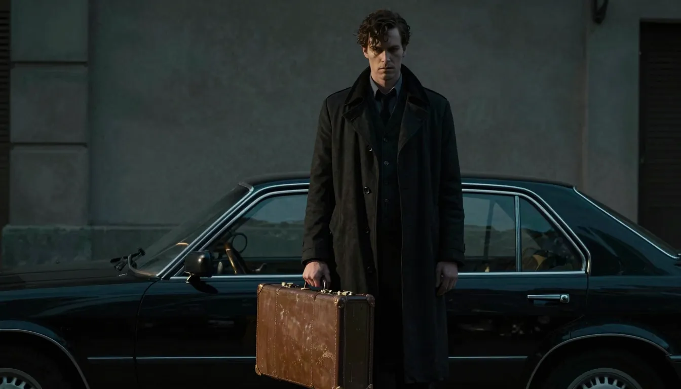 A tall, mysterious man in a dark coat standing by a black ca...