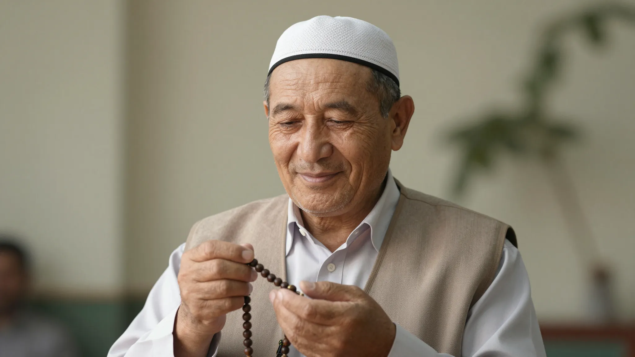 A kind middle-aged Central Asian man with a gentle smile, we...