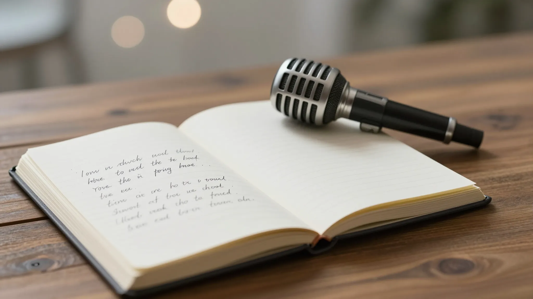 A poetic scene with a vintage microphone, an open notebook w...